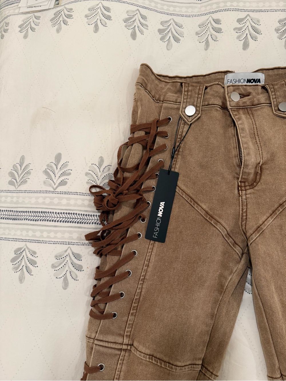 Fashion Nova Khaki Lace-Up Flare Pants - Picture 5 of 7